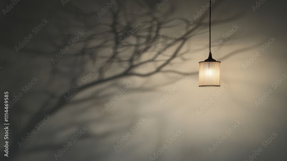 A pendant light casts intricate shadows resembling branches on a wall, creating a serene and artistic atmosphere. A pendant light casts intricate shadows resembling branches on a wall, creating a serene and artistic atmosphere.