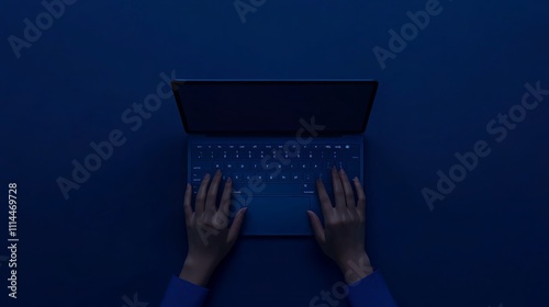 Top view hands typing on blue laptop in dark blue background.