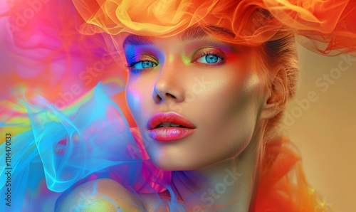 A woman with a colorful hat and makeup is the main focus of the image