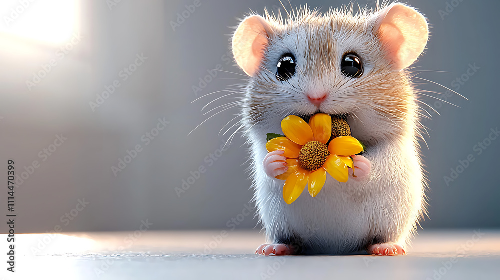 Fototapeta premium A cute little hamster holding a yellow flower in its mouth