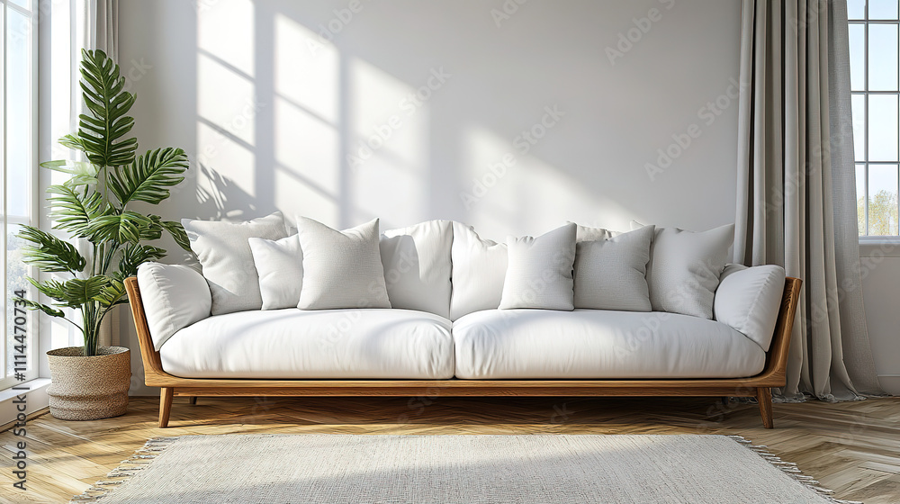 White sofa and wooden parquet flooring in modern Scandinavian living room White sofa and wooden parquet flooring in modern Scandinavian living room