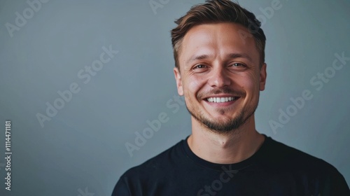 Man, portrait and dental in studio for teeth whitening, space and oral cleaning with healthy mouth. Male person, smile and healthcare on gray background for tooth implant, veneers and orthodontics