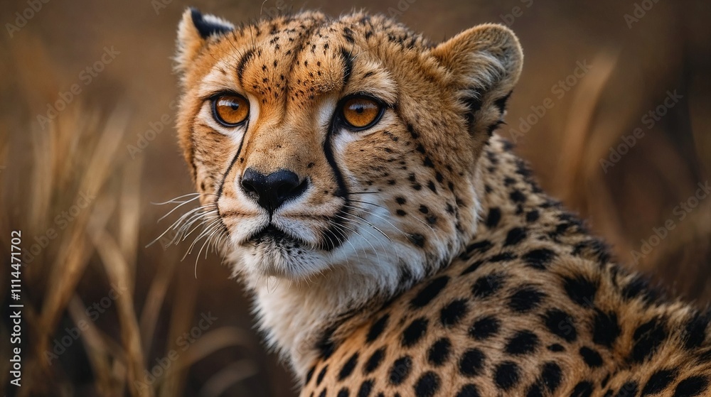 Close-up portrait of a majestic cheetah with striking eyes and distinctive spots against a blurred background Close-up portrait of a majestic cheetah with striking eyes and distinctive spots against a blurred background