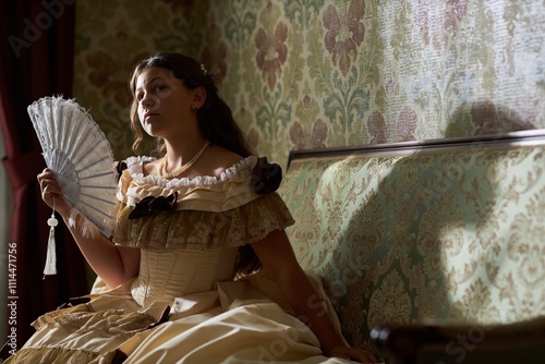 Portrait of romantic young lady wearing classic dress with lace and ruffle holding fan gracefully against ornate wall in vintage interior, copy space photo