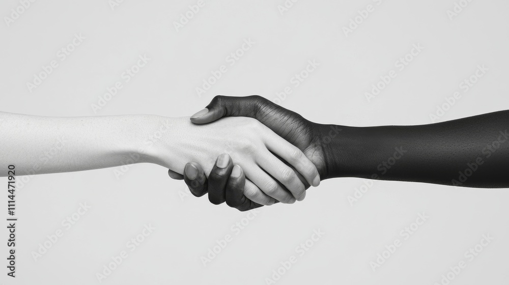 A black and white image of two hands, one light-skinned and one dark-skinned, shaking hands, symbolizing unity and diversity. A black and white image of two hands, one light-skinned and one dark-skinned, shaking hands, symbolizing unity and diversity.