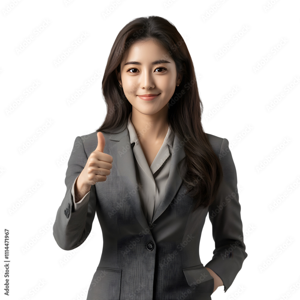 Young businesswoman wearing a gray suit, showing a thumbs-up gesture, isolated on a transparent background. Young businesswoman wearing a gray suit, showing a thumbs-up gesture, isolated on a transparent background.