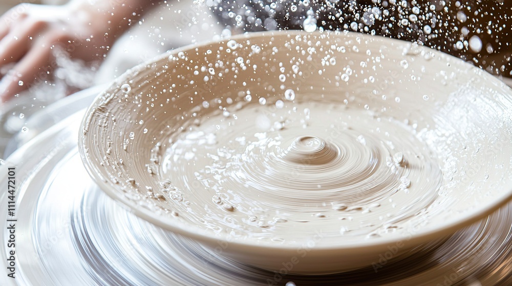 Wet clay spinning on a potter's wheel, water splashing. Wet clay spinning on a potter's wheel, water splashing.