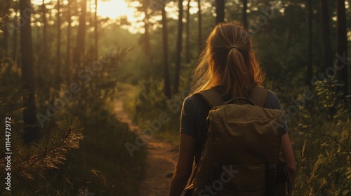 Woman hiking on forest trail at sunset.