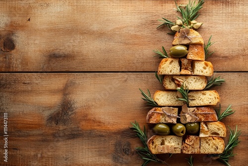 Bread tree, stacked like a slide, baguettes, crispbreads, rosemary, olives, wooden table, holiday decoration, savory meal, festive food, greeting card photo