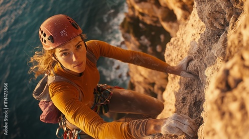 Woman rock climbing coastal cliff, ocean view, sunset.
