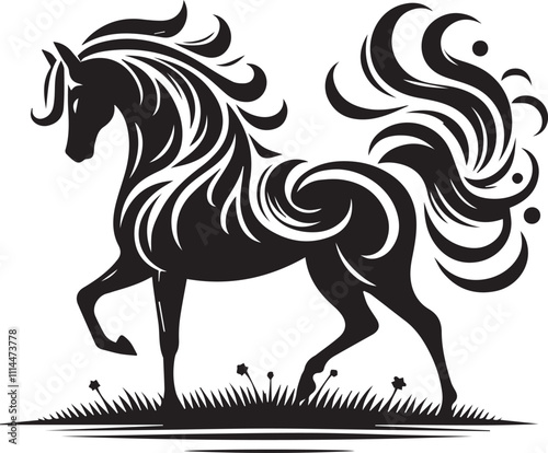 Elegant horse standing in a meadow with flowing tail black vector silhouette