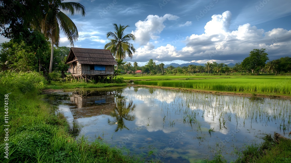 Obraz premium Stilt House Reflecting in Tranquil Rice Paddy Waters