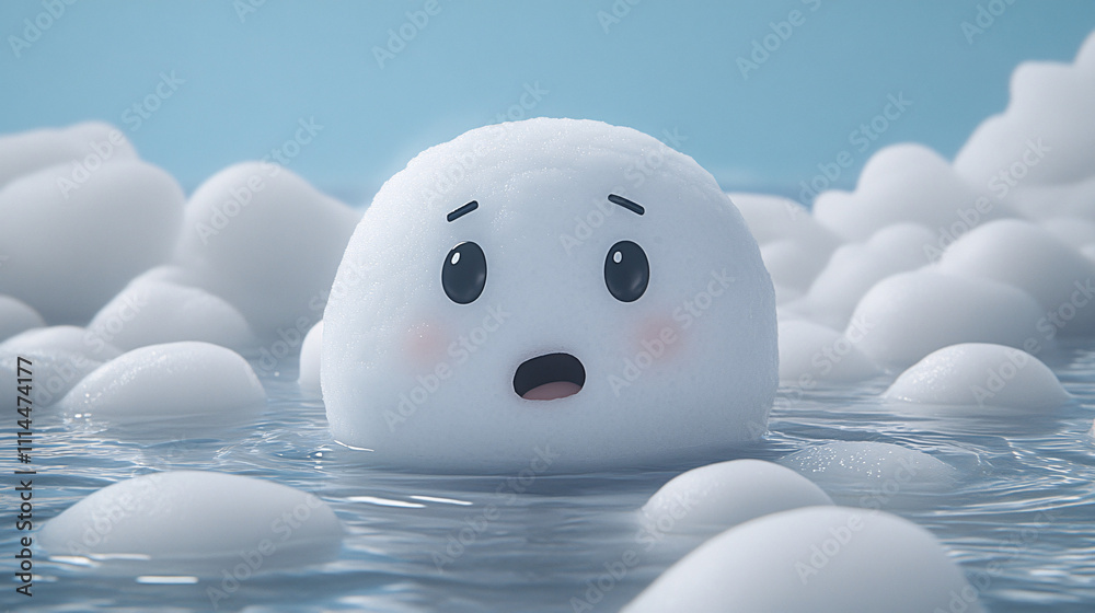 A cute, animated character resembling a cloud looks worried while floating among other fluffy shapes in a serene blue environment. A cute, animated character resembling a cloud looks worried while floating among other fluffy shapes in a serene blue environment.