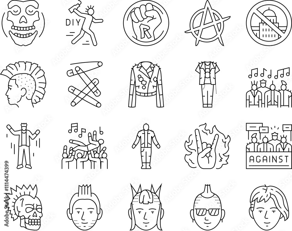 Fototapeta premium punk retro element hand art icons set vector. paper y2k, grunge shape, pop mouth, grid doodle, tattoo cyber, heart fire vintage punk retro element hand art black contour illustrations