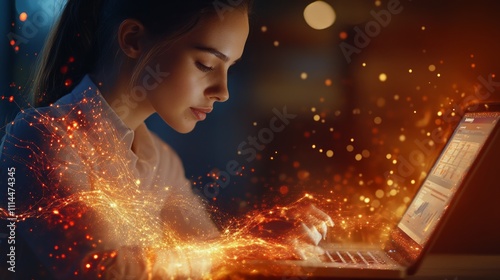Woman using laptop, data streams, glowing, digital, night.