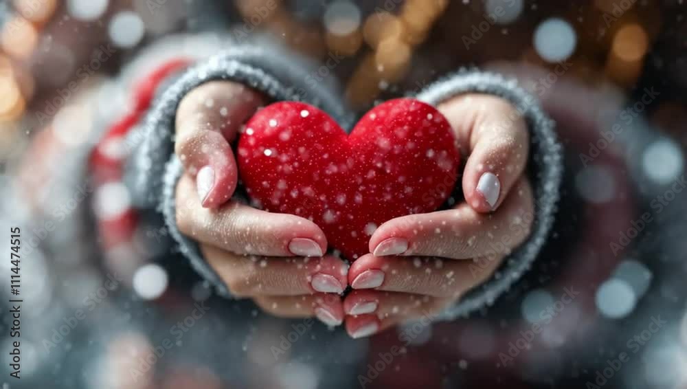 Hands holding a red knitted heart in snowy winter background. Motion animation