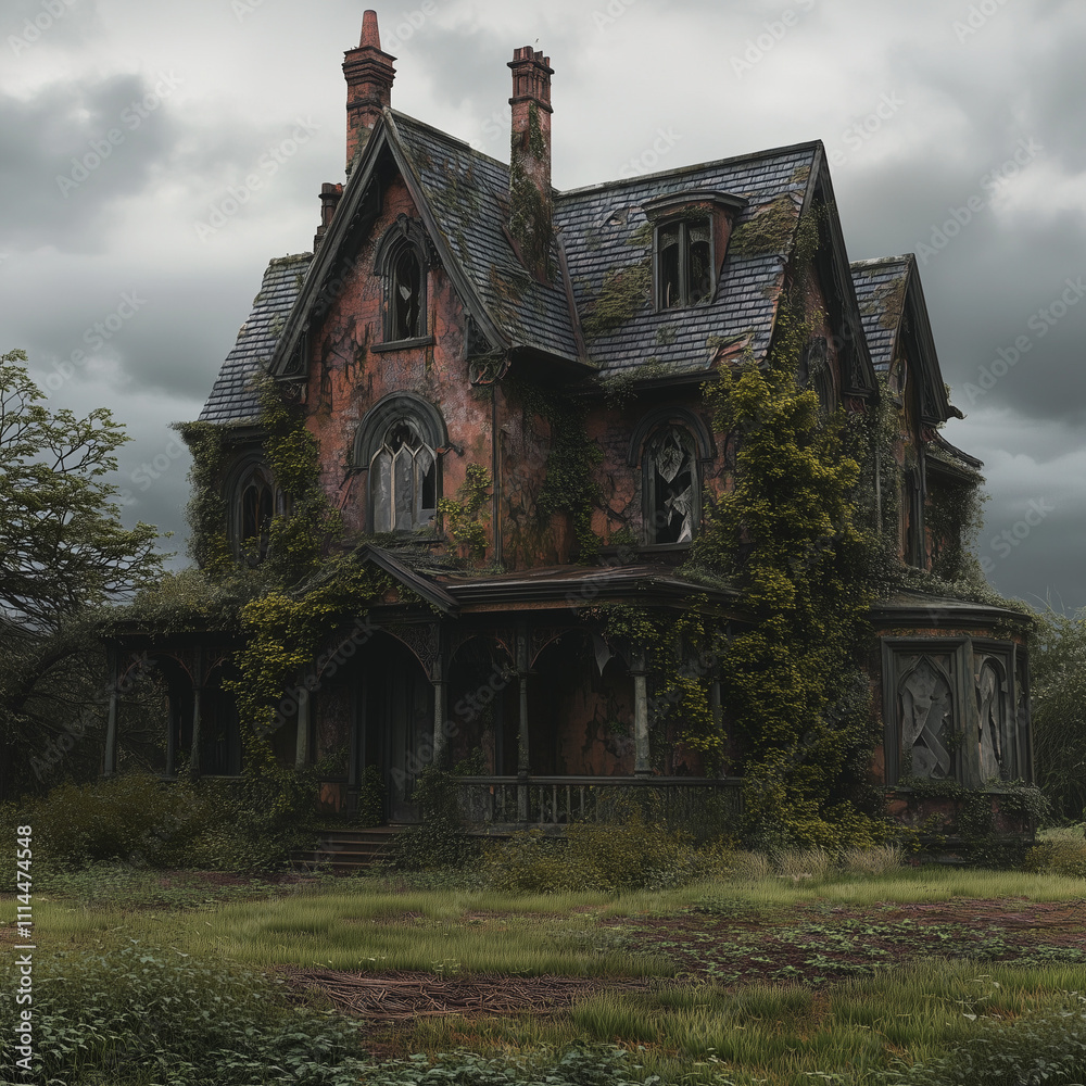 A lonely, terribly ugly Victorian house with walls overgrown with ivy and a neglected garden full of weeds. A lonely, terribly ugly Victorian house with walls overgrown with ivy and a neglected garden full of weeds.