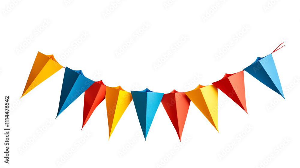 Obraz premium PNG cut out isolated background. A vibrant string of triangular flags in red, blue, yellow, and orange, arranged in an alternating pattern.