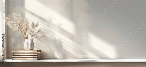 Office interior backdrop for online meetings. Light home office setting bookshelves background. Minimalist online workspace aesthetics. Video conferencing room design in pastel tones.