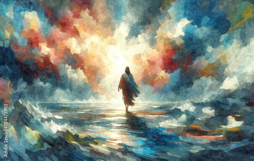 Jesus Christ Walks on Water; Bible Miracle; Abstract Art Painting