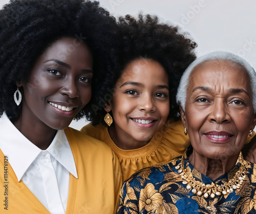 Smiling happy fun friendly family African faces black people group portrait close-up generation genus beautiful women and kid girl mother daughter grandmother together