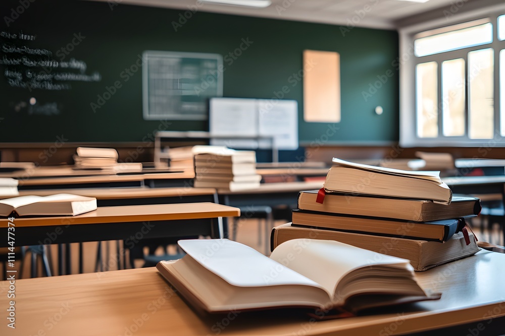 Fototapeta premium a classroom with a book that says the word on the top of it. Generative AI