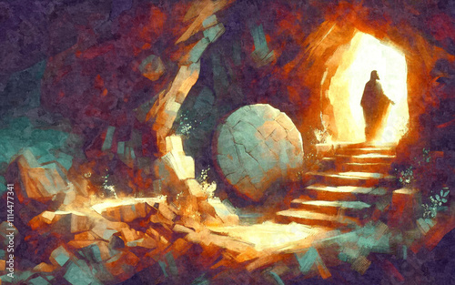 Empty Tomb of Jesus Christ First Easter Morning; He has Risen; Gospel Story; Abstract Art Painting