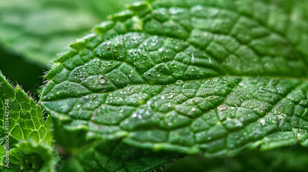 Close-up of vibrant green mint leaves covered in dewdrops, showcasing intricate textures and natural freshness.