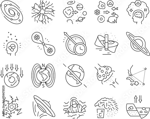 unsolved mysteries question icons set vector. dark matter, energy, origin of the universe life, consciousness, time travel, hole unsolved mysteries question black contour illustrations