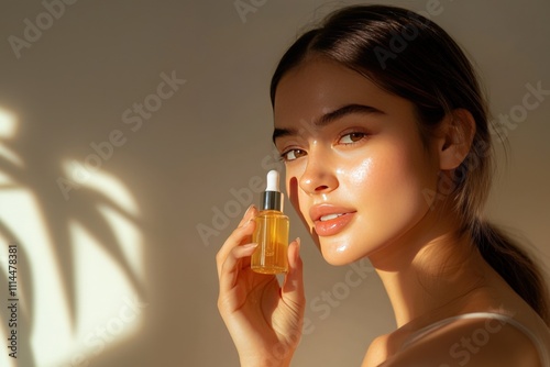 Woman holds dropper pipette with serum oil for hair or skin care. Photo of attractive woman with perfect skin, no makeup on beige background. Beauty, ads, skincare, beauty routine, promoting concept.