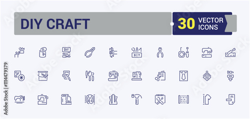 DIY Craft linear icon collection. Includes thin line art, house, tool, saw, spanner, repair, building and more. Isolated icons design. Editable stroke. Vector illustration.