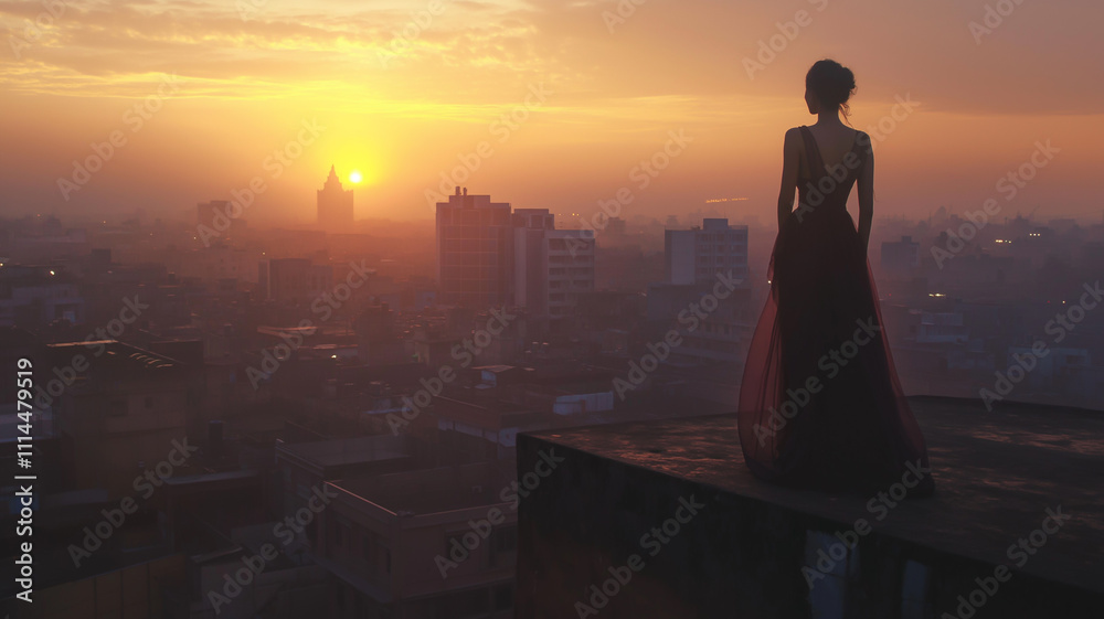 Fototapeta premium An urban rooftop view at dawn with a woman in a long flowing dress standing on the edge