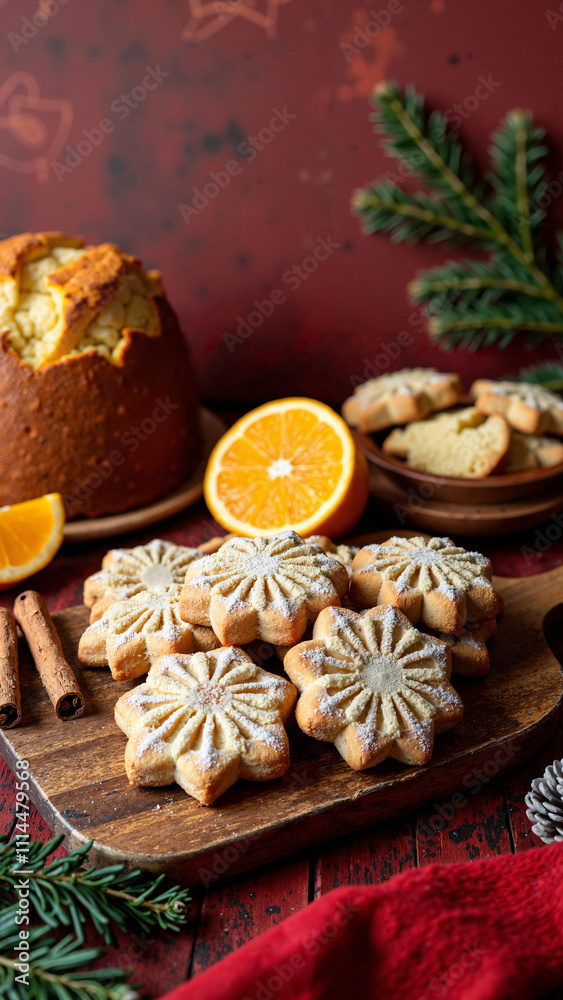 Festive Christmas Table: Cookies, Panettone, and Cinnamon on Red Background - Perfect for Holiday Marketing Festive Christmas Table: Cookies, Panettone, and Cinnamon on Red Background - Perfect for Holiday Marketing