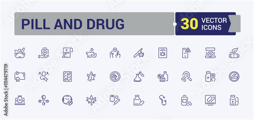 Pill And Drug icon collection. Includes thin line medication, treatment, disease, chemistry, addict, tablet, bottle, painkiller. Minimalistic web and UI icons. Editable vector stroke.