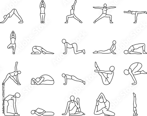 yoga exercises sport health icons set vector. workout healthy, fit woman, female balance, body people, home, pose gym, girl active yoga exercises sport health black contour illustrations