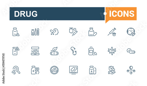 Drug line web icon set. Related to tablet, prescription, disease, drug, pharma and more. Outline icons pack. Editable stroke. Vector illustration.