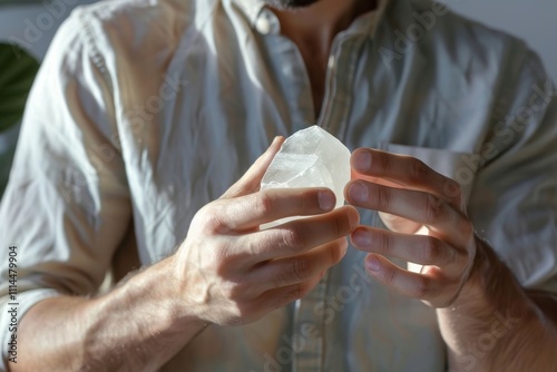 A man is about to apply an eco-friendly deodorant to his skin that looks like a rock. The minimalist aesthetic of the deodorant emphasises sustainability. photo