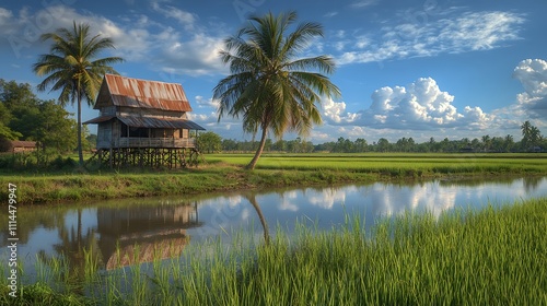 Stilt House Nestled Among Rice Paddies and Palm Trees