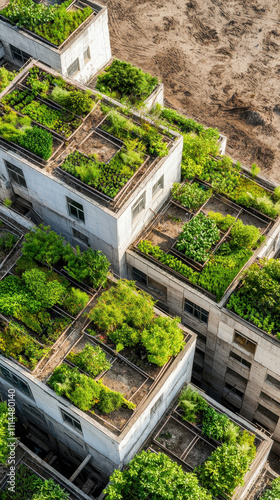 Rooftop gardens on urban buildings with lush greenery and sustainable design photo