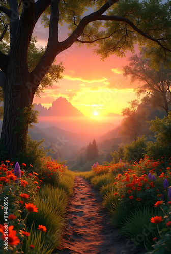 Natural landscape at dawn. Created with generative AI tools.