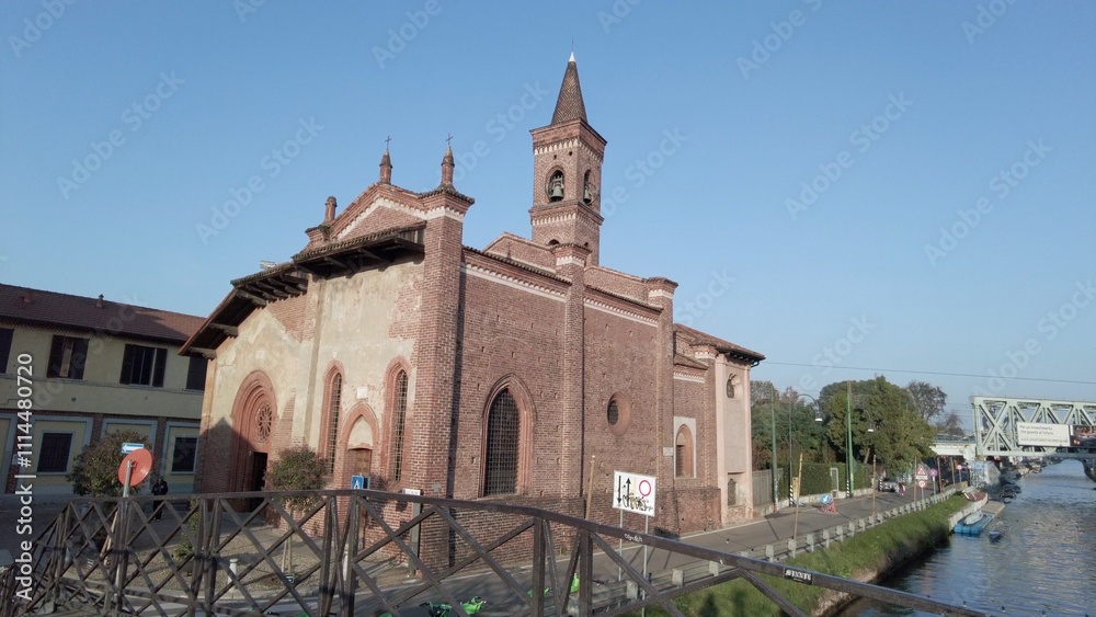 Europe, Italy , Milan 12,04,2024 San Cristoforo catholic romanic church cathedral in Naviglio canals tourist attraction sigthseeing