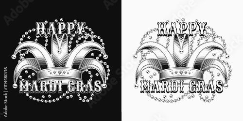 Mardi Gras black and white emblem with jester harlequin tomfool hat, intertwined interlaced strings of beads, text. Holiday composition in vintage style.