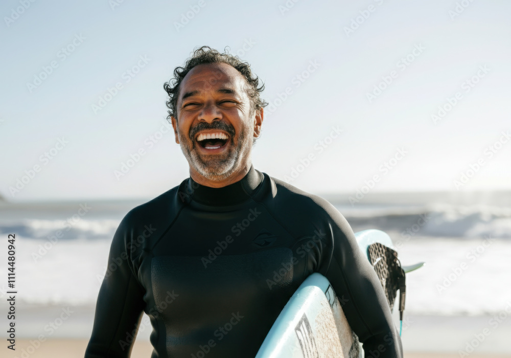 Fototapeta premium Mature surfer laughing and holding surfboard on the beach