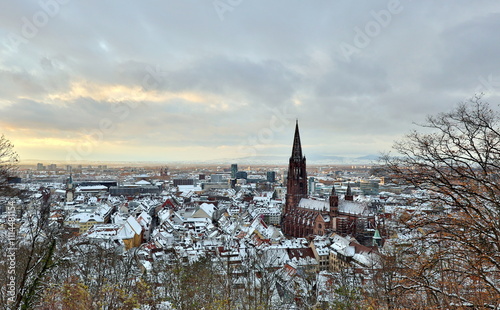 Das Freiburger Münster zwischen verschneiten Dächern photo