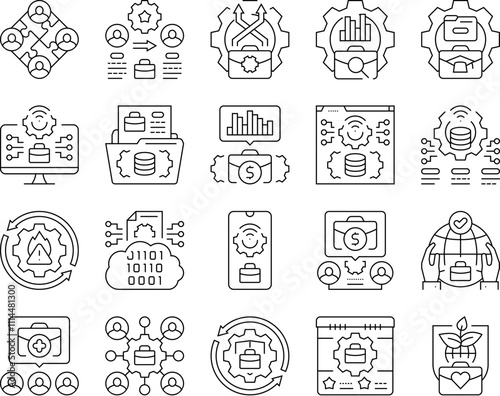 business process optimization icons set vector. automation efficiency, strategy innovation, management analysis, improvement business process optimization black contour illustrations