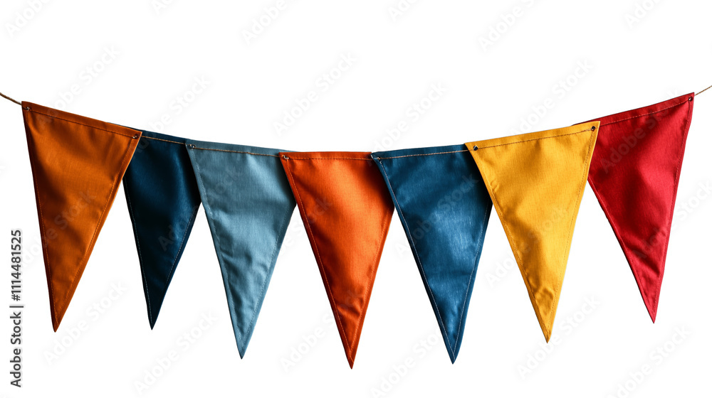 Obraz premium PNG cut out isolated background. A vibrant string of triangular fabric flags in bold shades of orange, blue, yellow, and red. 