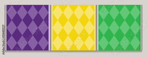 Set of geometric Mardi Gras patterns with Harlequin ornament. Diagonal rhombus grid. Flat simple style. Vintage style.