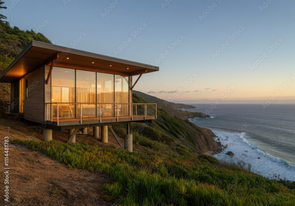 Obraz premium Luxurious, eco-friendly cabin perched on a cliffside offers breathtaking ocean views at sunset