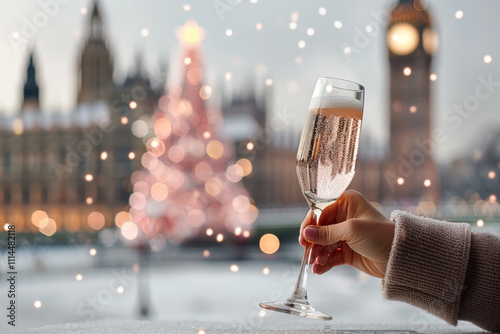 A festive glass of sparkling champagne held with a scenic backdrop of a glowing Christmas tree and iconic cityscape, perfect for holiday toasts.
 photo