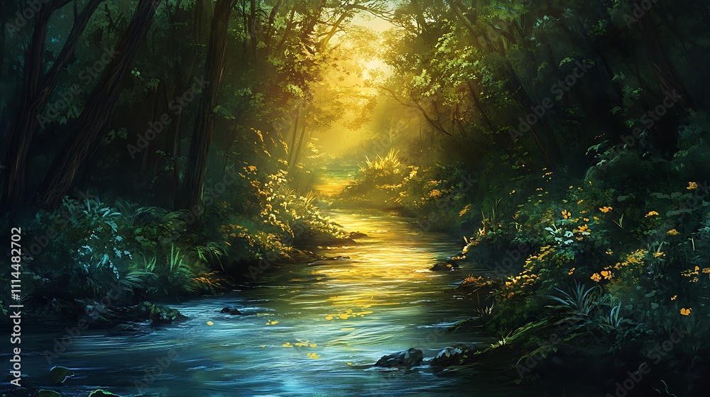 Obraz premium Serene Forest River Golden Light Path